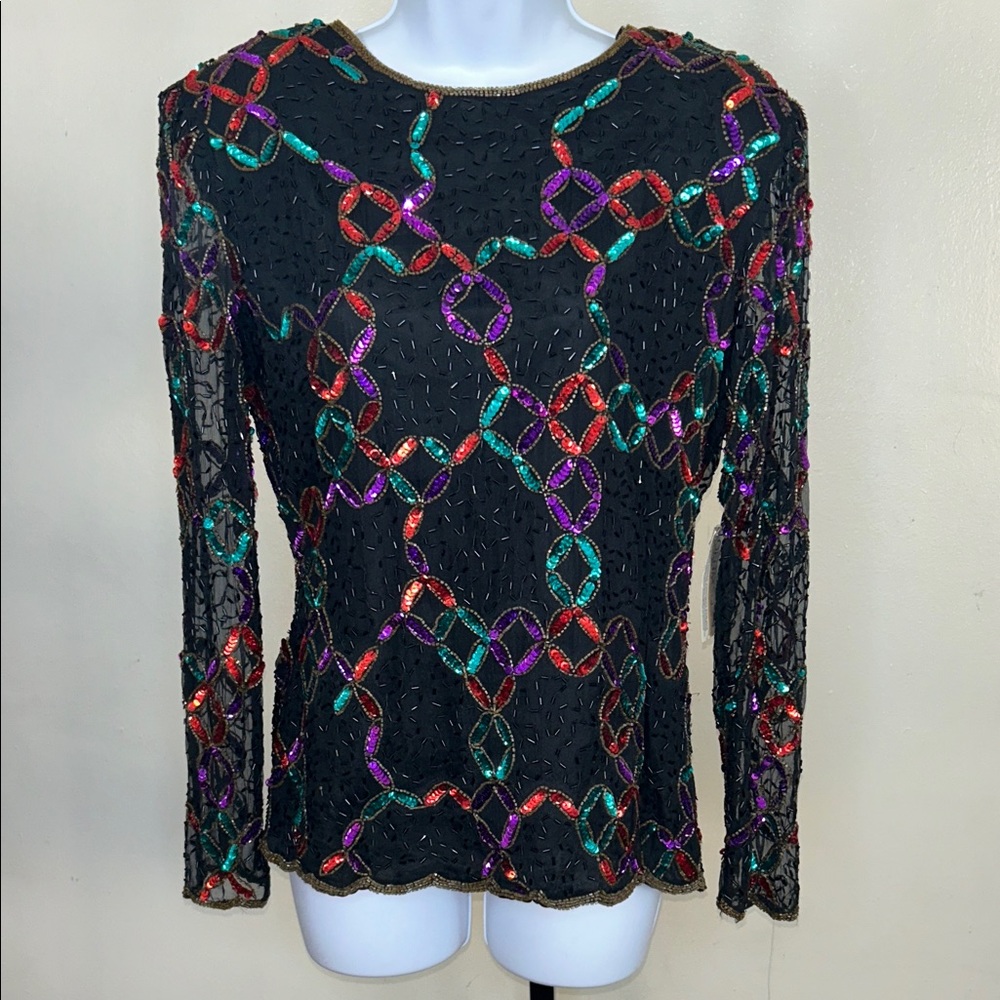 Stenay Black Long-Sleeve Sequin Chain Motif Top